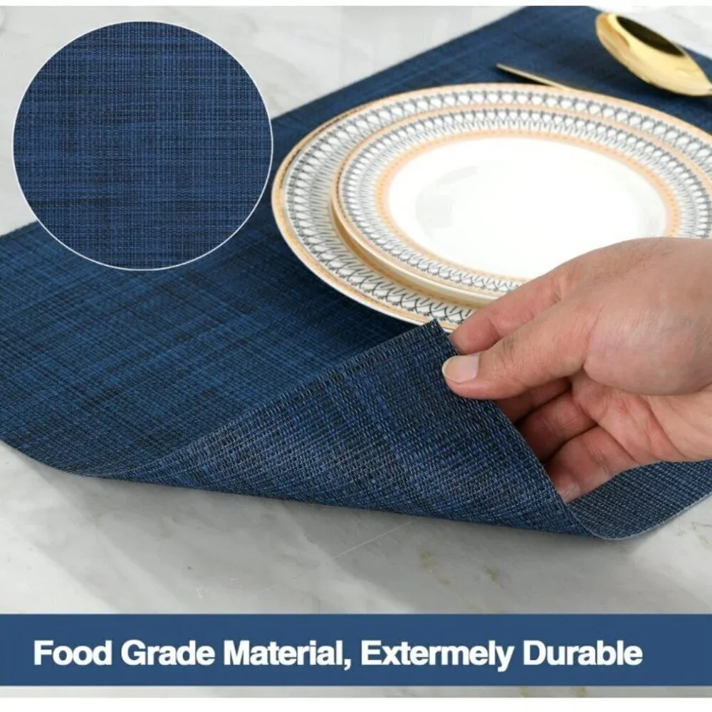 NAVY PLACEMATS WASHABLE VINYL HEAT RESISTANT TABLE MATS 17X12 INCH SET OF 8